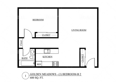 Floor plan for 1 bed, 1 bath, 600 sqft